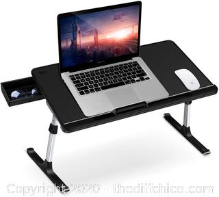 Laptop Table Stand Desk, SAIJI Adjustable PVC Leather Laptop Bed Table, Portable Standing Desk with Storage Drawer, Foldable Lap Tablet Desk for Sofa Couch Floor (Large,Black)