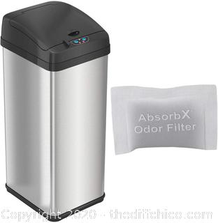 13 Gallon Touchless Sensor Trash Can with AbsorbX Odor Control System, Stainless Steel, Extra-Wide Lid Opening Kitchen Garbage Bin, Silver