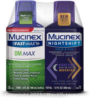 Maximum Strength Mucinex FastMax DM Max & Mucinex Nightshift Cold & Flu Liquid (2 x 6 fl. oz.) Thins & Loosens Mucus, Relieves Cough & Chest Congestion, Pain, Fever, Sneezing, Sore Throat, Runny Nose
