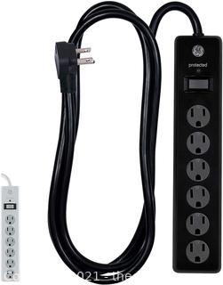 GE, Black, Outlet Surge Protector, 6 Ft Extension Cord, Power Strip, 800 Joules, Twist-to-Close Safety Covers, 33661, 6 ft, 6 Ft