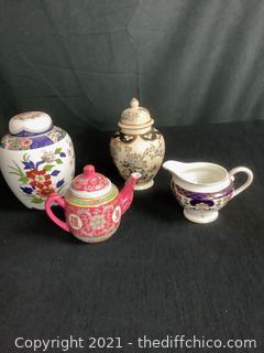 VINTAGE ASIAN VASE, MINI TEAPOT & CREAMER LOT! JAPAN & CHINA! BEAUTIFUL PIECES - 4 PIECE LOT