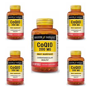 5 - PACK Mason Natural Co Q10 200 mg - Healthy Heart and Cellular Energy Production, Supports Cardiovascular Health, 30 Softgels