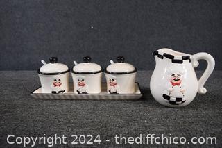 Black and White Chef Relish Dishes plus Pitcher