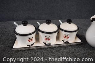Black and White Chef Relish Dishes plus Pitcher