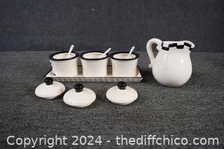 Black and White Chef Relish Dishes plus Pitcher