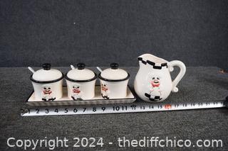 Black and White Chef Relish Dishes plus Pitcher