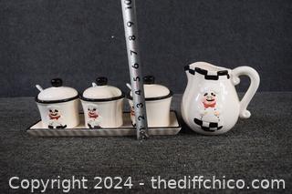 Black and White Chef Relish Dishes plus Pitcher
