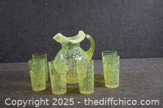 Awesome Fenton Vaseline Glass Pitcher plus 6 Glasses