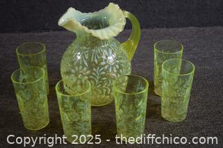 Awesome Fenton Vaseline Glass Pitcher plus 6 Glasses