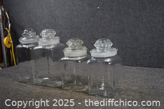 4 Clear Glass Canisters plus Lids