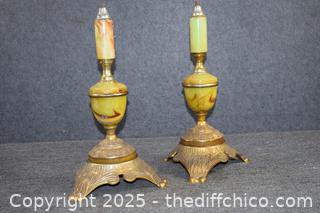 Pair of French Green Onyx Lamps-need wiring