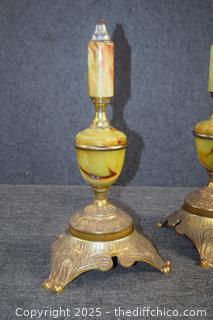 Pair of French Green Onyx Lamps-need wiring