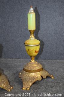 Pair of French Green Onyx Lamps-need wiring