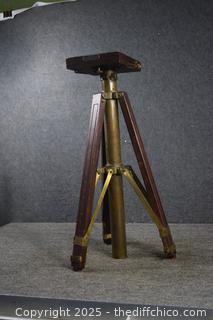 Vintage Adjustable Wood  and Brass Tripod-Crown Compact Stand