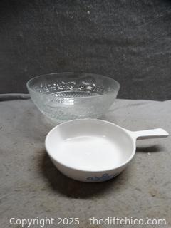 Large Glass Bowl & 1 Corning ware pan 