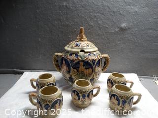 ***Vintage 1960's  Made In Germany Hand Crafted Stoneware Lidded Punch Bowl & Mugs ******