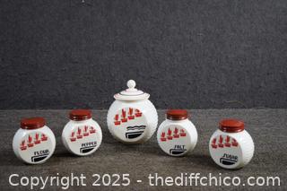 Vintage Fire King Kitchen Set-Salt,Pepper,Sugar,Flour and Grease