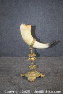 Vintage Brass Horn and Holder