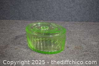 Vintage Green Depression Glass Covered Dish