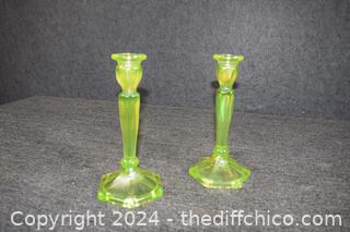 Pair of Vaseline Glass Candle Holders