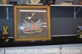 Framed Patriotic American Eagle Silk Embroidery  - 30in x 29in