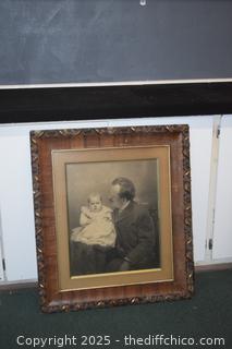 Vintage Framed Photo - Father and Child - 30in x 33in