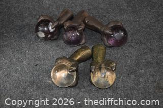 Five Vintage Table Claw Feet - three purple - 2 clear