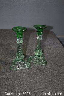 Vintage Green Glass Candle Holders