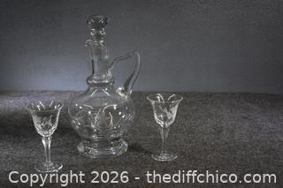 Etched Grapevine Glass Decanter plus Two Glasses