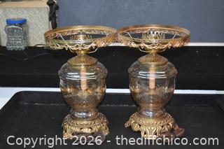 Pair of Vintage Etched Glass Lamps