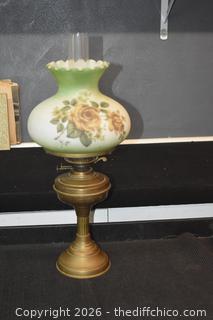 English Brass Oil Lamp and Vintage Glass Shade